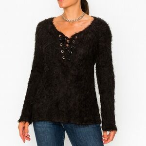 🆕 JOSEPH RIBKOFF Top Tie Tunic Faux Fur/Fluffy Fabric Personalty Piece Black 18